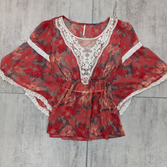Free People Daydreamer Semi Sheer Top Blouse Womens Size Small Lace Trim - Picture 2 of 7